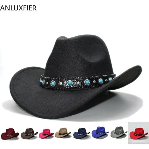 A182 Adult Leather Belt Wool Fedoras Hat Lady Spring Autumn Woolen Cap Parent and Child Wool West Cowboy Hat Large Brimmed