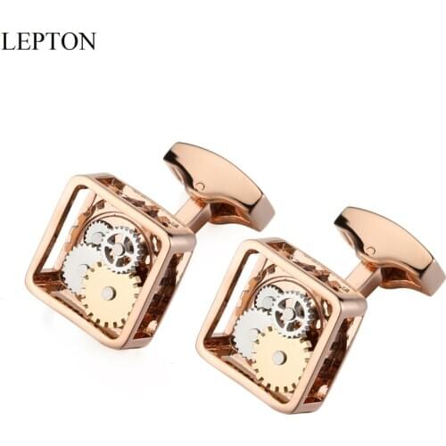 Lepton Steampunk Gear Cufflinks For Men Square Rose Gold Color Watch Mechanism Gears Cuff Links Man Shirt Cufflink Best Gift