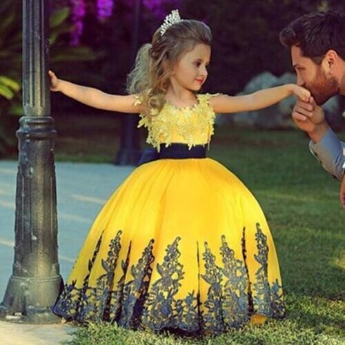 Yellow Flower Girl Dresses for Wedding With Dark Blue Lace Applique Girl Party Ball Gown First Communion Dress for Girls