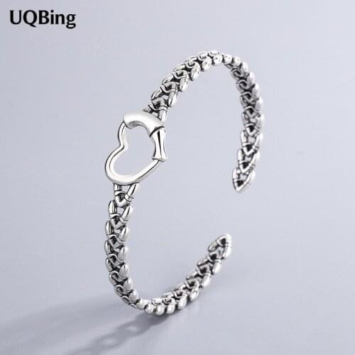 Punk Style Vintage 925 Sterling Silver Heart Shape Bangle For Women Bijoux Wholesale Jewelry Gifts