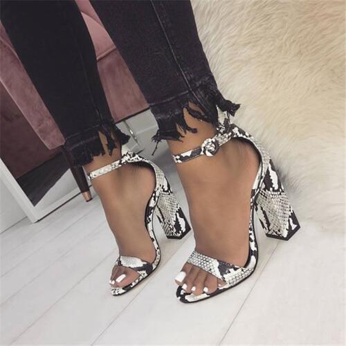 Sexy Ankle Strap Women Summer Sandals Open toe Snake Skin PU Leather Party Shoes sandales femmes Ladies Chunky High Heels Pumps