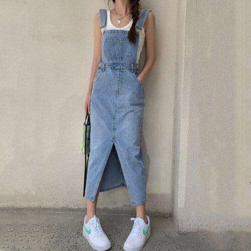 Fashion High Waist Slit Denim Overalls Dresses Women Casual Pockets Summer Suspender Long Dress Streetwear Femme Vestidos