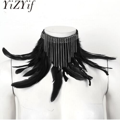 Women Feather Choker Collar Victorian Natural Feather Adjustable Choker Neck Wrap Collar With Chain Tassel Costume Accessories