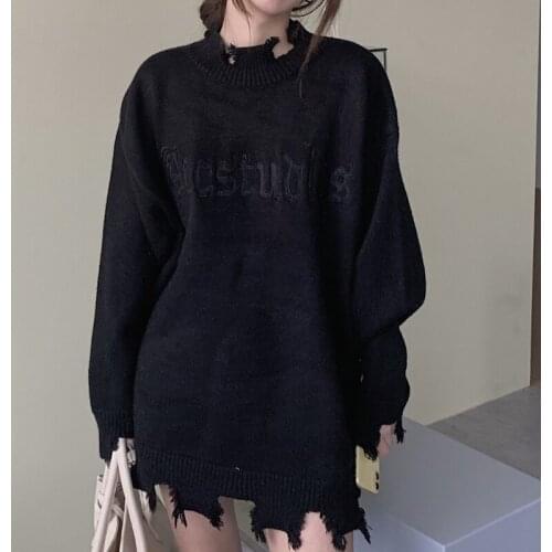 Sweater womens autumn and winter new loose pullover ripped tassel knitted turtleneck sweater