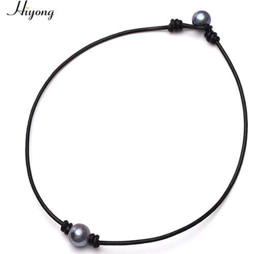 HIYONG Single One Black Cultured Pearl Choker Necklace on Genuine Leather Cord Handmade Jewelry for Women Girls Gift