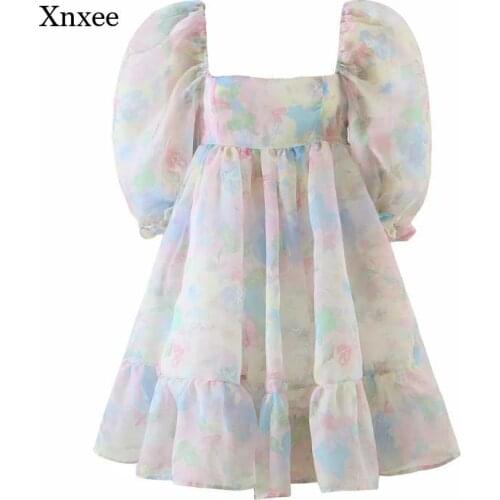 Elegant Puff Sleeve Short Dress Women Floral Print Party Sexy A Line Mini Robe Square Neck Dress Spring Summer Clothing Vestido