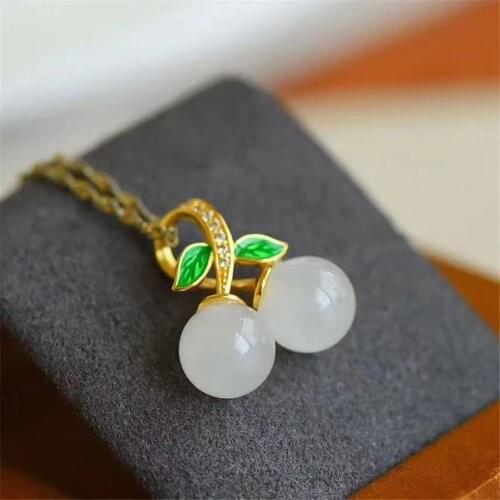 S925 Sterling Silver Gold-Plated Enamel Natural Hetian Jade White Jade Necklace Personality Hetian Jade Cherry Jade Pendant Wome