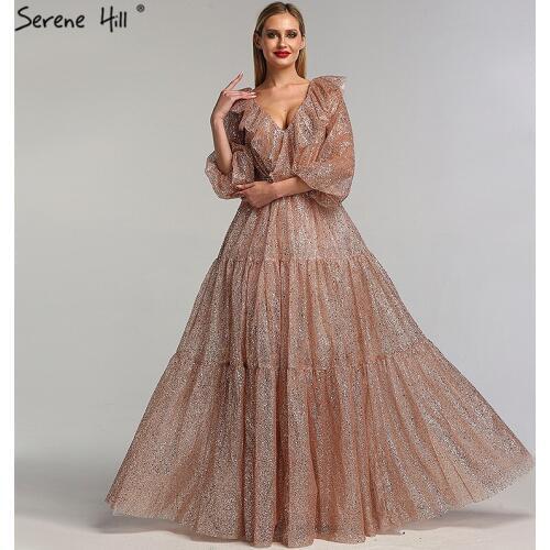 Dubai Designer Rose Gold V-Neck Prom Dresses 2020 New Long Sleeves Luxury Glitter Fashion Prom Gowns BLA6671
