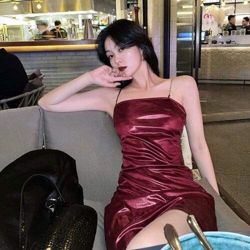 Womens Dress Wine Red Dress Summer Glossiness Basic Fund Dress Medium And Long Sling Skirt Dresses Female Clothing 2021
