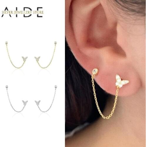 AIDE Butterfly Chain Pendientes Stud Earrings For Women Trendy INS Zircon Ear Back Hanging Piercing Earings Silver 925 Jewelry