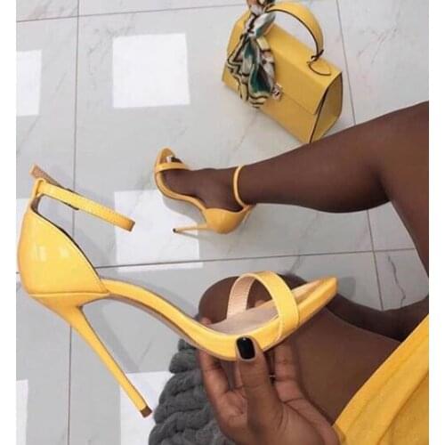 Moraima Snc Sexy Open Toe High Heel Sandals Summer Open Toe Gladiator Shoes Super High yellow Patent Leather Ankle Strap Sandal