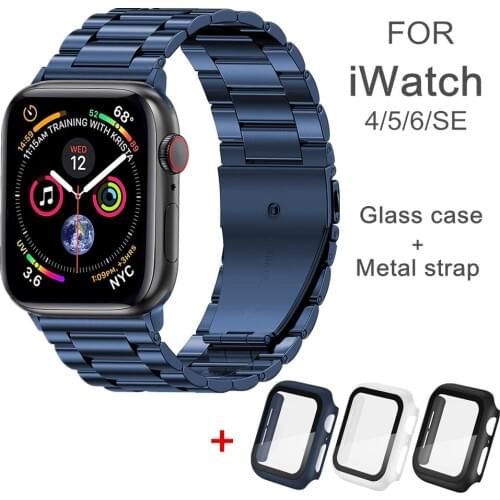 Case with Metal Strap for Apple Watch 6/5/SE Band 44mm 40mm Stainless Steel Bracelet iWatch SE 6 Tempered Glass Screen Protector