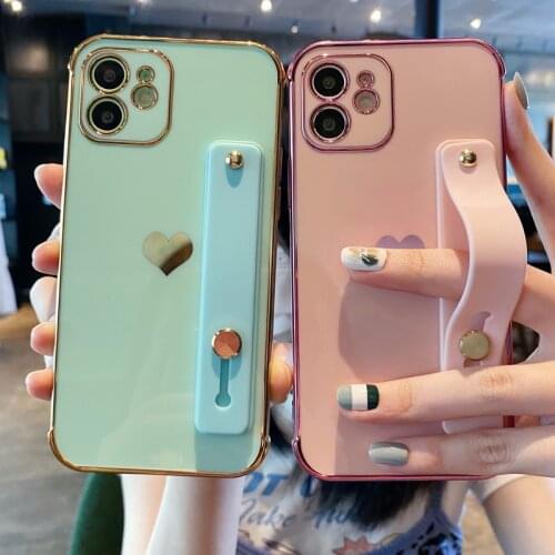 Plating Side Hearts Wrist Band Case For iPhone 12 11 Pro Max XR XS X 8 7 Plus SE 2020 Shockproof Hand Strap Soft Cover
