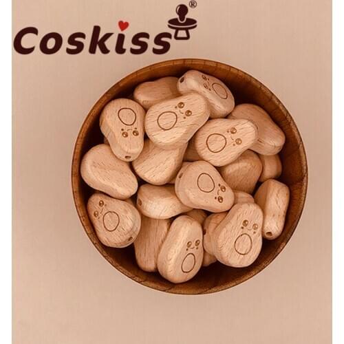 Coskiss 100pcs Beech Wooden Bow Beads BPA Free Wooden Teethers Toys Wooden Teether Wooden Teething Bead Baby Teether