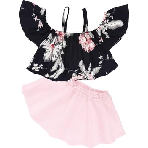 2021 Childrens Baby Girl Summer Flowers New Clothes Set Fashion Bow Sling Top + Skirt Set Childrens Hot Sale 1-6 Years Old
