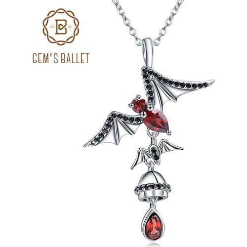 GEMS BALLET 925 Sterling Sliver Bat Shape Natural Garnet Gemstone Vintage Gothic Punk Pendant Necklace For Women Party Jewelry