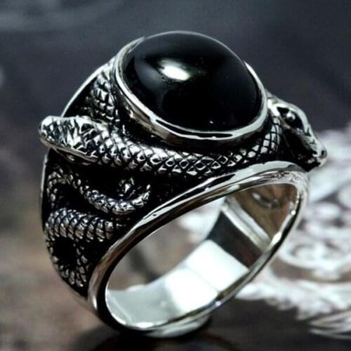 Gothic Retro Individuality Snake Rings For Men Punk With Black Stones Hip Hop Finger Rings For Women Men Party Gifts Jewelry