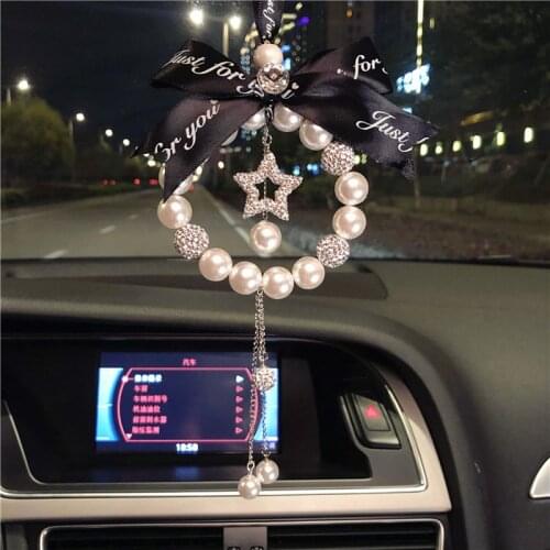 Creative Pearl Diamond Car Pendant Cute Dream Catcher Heart Tassels Rearview Mirror Ornament Rhinestone Woman Car Accessories