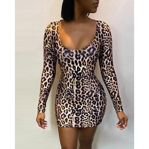 Hot Women Autumn Bodycon Casual O-neck Long Sleeve Leopard Dresses Ladies Fashion New Evening Party Mini Sexy Dress