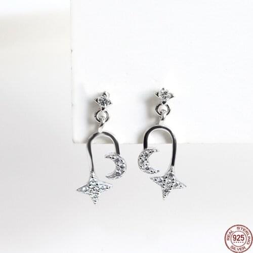 LKO 925 Sterling Silver Dainty Stud Earrings Zircon Star Moon Asymmetric Pendants Earrings For Women Glittering Elegant Jewelry