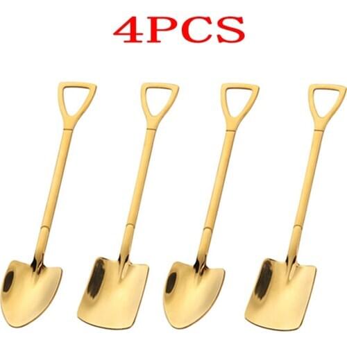 4PCS 304 stainless steel coffee spoon Retro shovel ice cream spoon Creative tea-spoon Fashion Tableware Kitchen Set Tool Gold