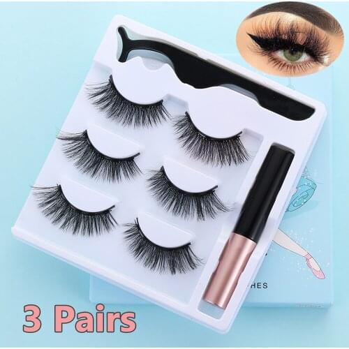 3 Pairs Long Lasting Magnetic False Eyelashes & Magnet Liquid Eyeliner& Tweezer Set Waterproof Eye Makeup Extension Tools Kit