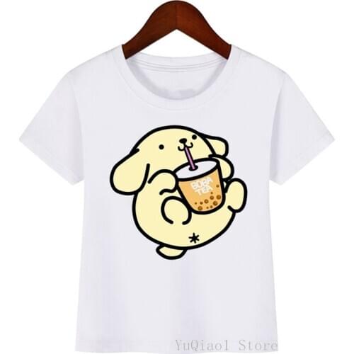 Cute Pompompurin Pudding Dog Love Boba Tea Print Funny Baby Clothes Girl Tshirt Summer Boy Kawaii T Shirt Childrens T-Shirts