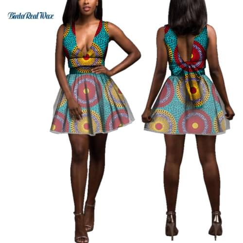 Sweet Sexy Women Deep V Neck Knot-bow Yarn Dresses Bazin African Wax Print Dresses for Women Traditional African Clothing WY381