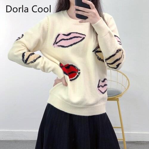 New Streetwear Women Sweaters Cute Jacquard Lips College Girls Chic Casual Loose Pullovers Ladys Elegant Party Jumper Tops