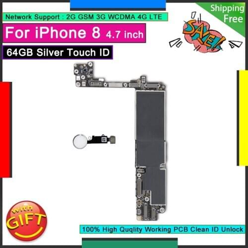 Original Motherboard For IPhone 8 64GB Logic Board WHITE Touch ID Home Button Unlocked Good Working Mainboard Tested Plate