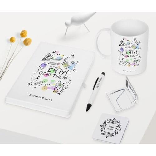 Personalized World Best Öğretmeni Themed White Notebook Pen Cup Mirror Set-8