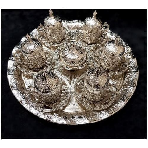 Handmade authentic Design Turkish Greek Arabic Coffee Espresso Set for 6 Service, Cups Saucers Lids Tray Delight Candy Dish GIFT
