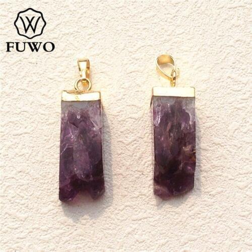 FUWO Natural Amethysts Square Column Pendant 24k Gold Electroplated Purple Crystal Quartz Faceted Nugget Jewelry Wholesale PD141