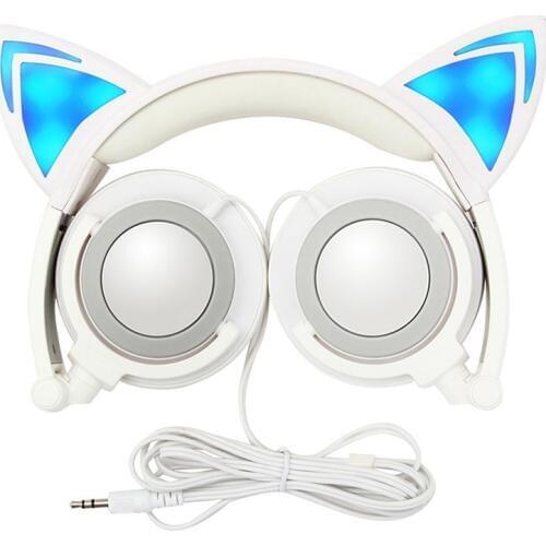Foldable LED Flashing Headset 3D Cartoon Cat Headphones 3.5mm Jack Gaming Wired Headset Earphones For Adult Kids Birthday Gift