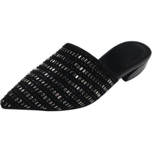 Newest women shoes summer slides black pointed toe med heels sandal women crystal decor sandalias mujer 2018 sexy scarpe donna