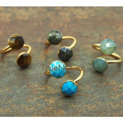 Tiger Eye Labradorites Turquoises Prehnites Stone Adjustable Ring Faceted Round Charm Fashion Ring Jewelry RM5565