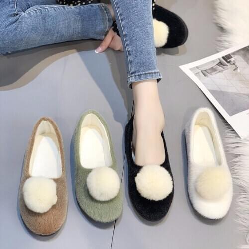Real Fur Fluffy Loafers Ballets Flats Shoes Woman Winter Flock Solid 2019 Slip-Ons Peas Plush Egg Roll Flats Footwear O4-51