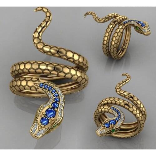 Vintage Exaggerated Punk Twisting Snake Ring for Women Men Hiphop Bling Blue CZ Stone Exquisite Stackable Snake-shape Ring