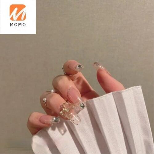 Fairy Temperamental Crystal Butterfly Nude Color Rhinestone French-Style Bride Wear Manicure Removable Fake Nail Patch Art