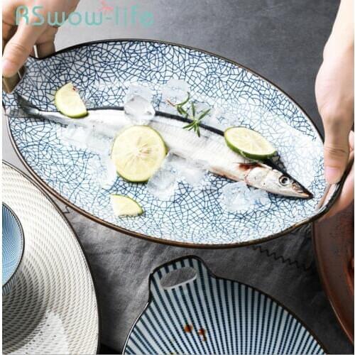 Japanese Retro Home Ceramic Dish Oval Tableware Double Ear Fish Plate Serving Dish Bone China Dinnerware Sets Charger Plate