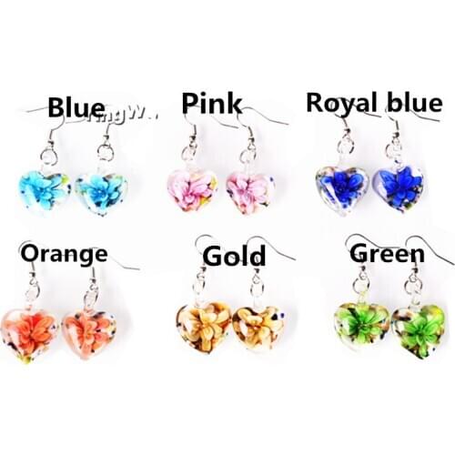 YingWu Fashion Women Heart Handmade Crystal Murano Lampwork Glass Flower In 3D Earring Beauty Silver P Earring