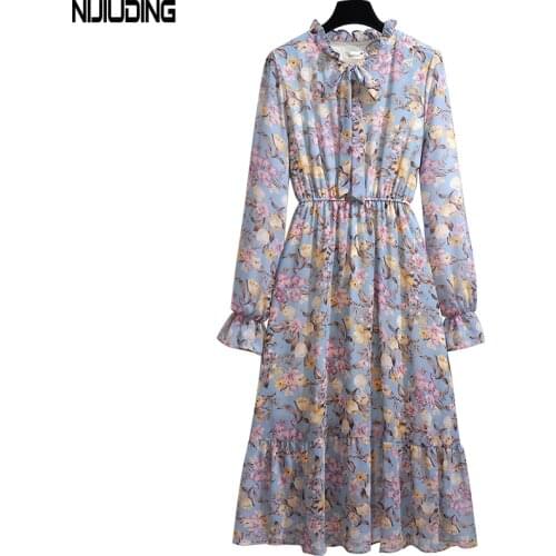Women Floral Chiffon Dresses With Lining 2021 Autumn Long Sleeve Female Bow Collar Pleated Dress Mujer Vestidos Plus Size 4XL