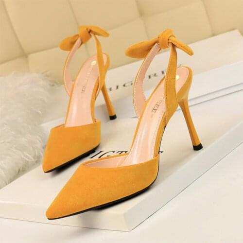 For Korean style fashion stiletto super high-heeled suede shallow mouth pointed toe hollowed back strap small bow female sandals