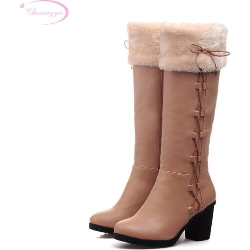Chainingyee sweet girl style comfortable warm winter knee high boots lace-up high heel womens riding boots big size 22~26.5cm