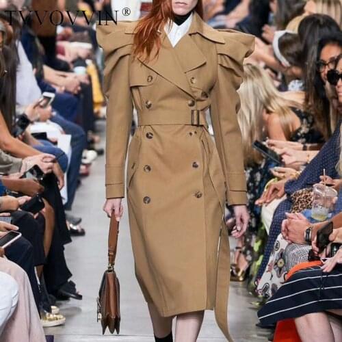 TVVOVVIN Sleeve Women Trench Coat Puff Double Breasted Khaki Windbreaker Woman Bandage Vintage Casual Overcoat Winter Coats CU5G