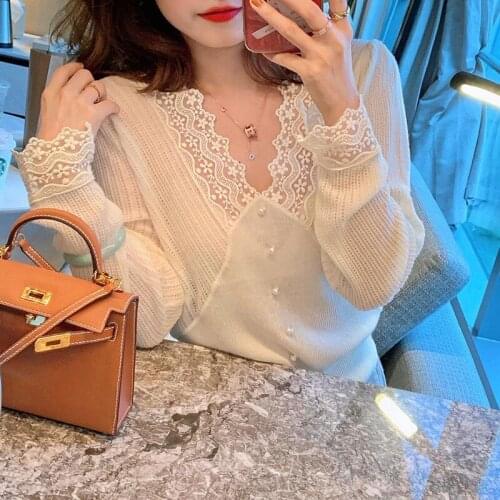 JuneLove Women Autumn Winter Sweater Vintage V-neck Lace Pearl Decorated Slim-fit Revealing Base Knitwear Casual Office Lady Top