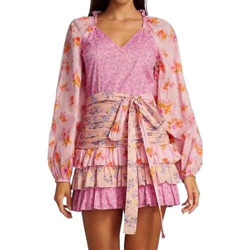Boho Inspired Womens Mixed floral Print Ruffle Mini Dress for women long sleeve cute sexy women dress chic fashion party dress