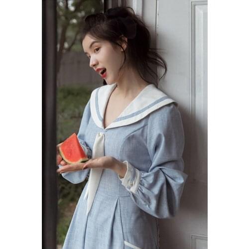 Preppy Style Sailor Collar Women Dress For Slim Lady Vintage Sweet Long Sleeve Light Blue Elagant Celebrity Clothes Vestido