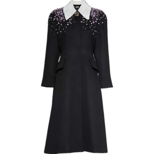 Heave work fashion beading diamond black woolen coat women French style elegant vintage long overcoat