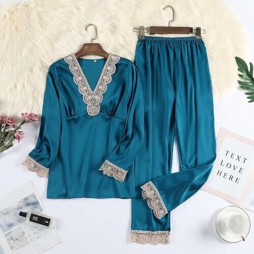 2PCS Satin Pijamas Sleep Suit Female Long Sleeve Pajamas Sets Spring V-Neck Lace Sleepwear Casual Lady Home Wear Nightwear